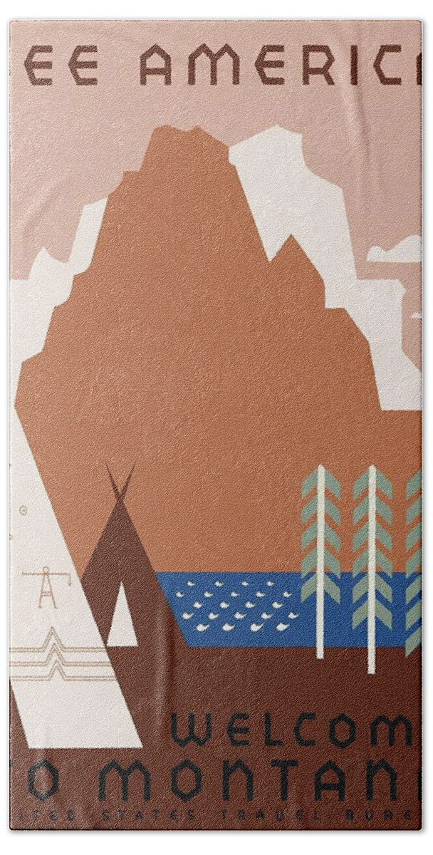 Montana Beach Towel featuring the painting Montana - Minimalist Illustration of a Tepee tent, Trees and Mountain - Vintage Poster - See America by Studio Grafiikka