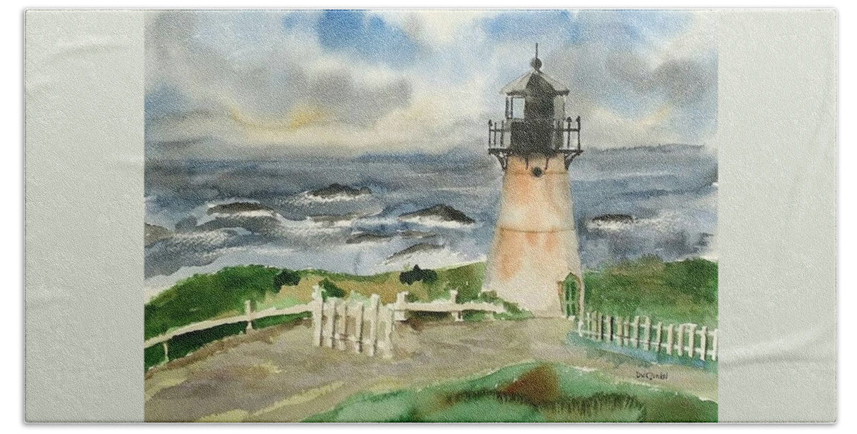 Montara Beach Towel featuring the painting Montara Lighthouse, Plein Air by Richard Zunkel