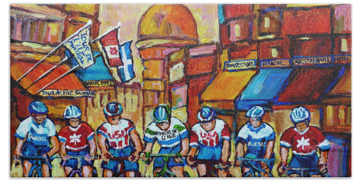 Montreal Beach Towel featuring the painting Montreal Cyclists Old Montreal Bike Race Tour De L'ile Canadian Paintings Carole Spandau       by Carole Spandau