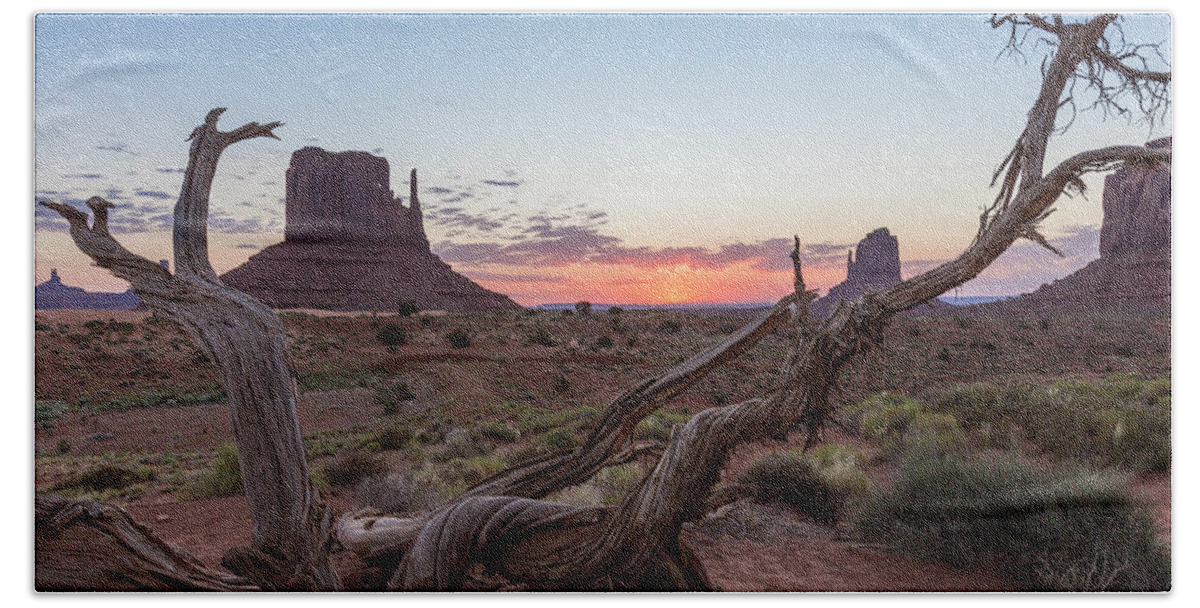 Monument Valley Beach Towel featuring the photograph Monument Valley Sunrise with wood by John McGraw