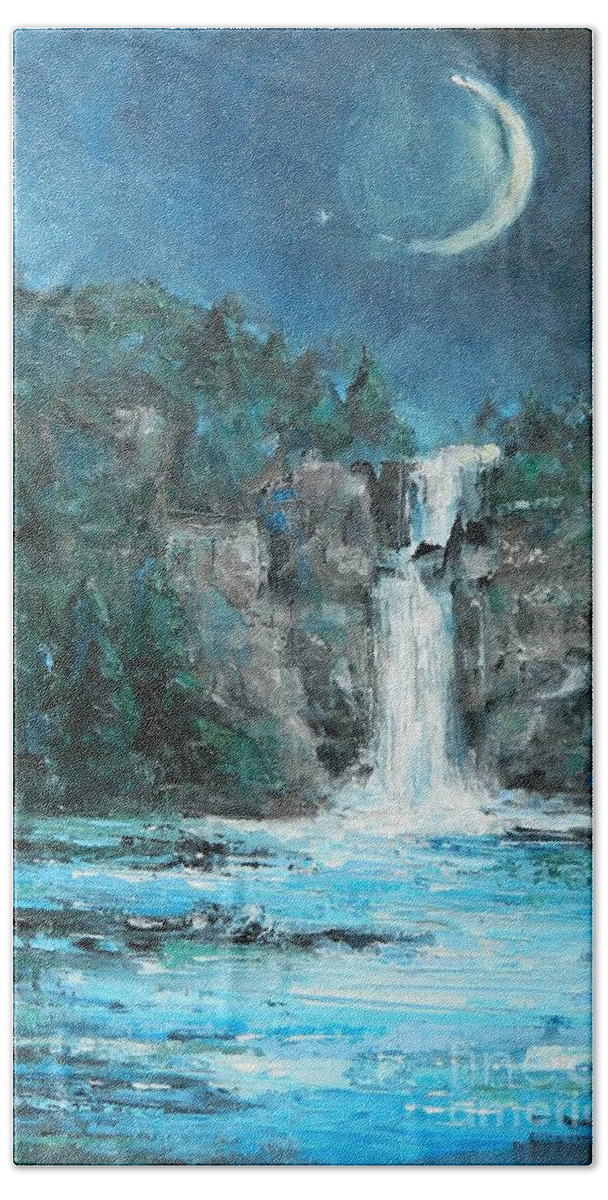 Waterfall Beach Towel featuring the painting Moon over Linville Gorge by Dan Campbell