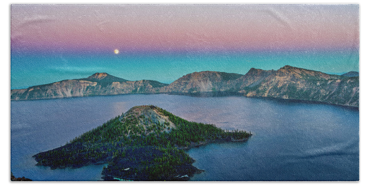 Crater Lake Beach Towel featuring the photograph Moon over Wizard Island by Dan McGeorge