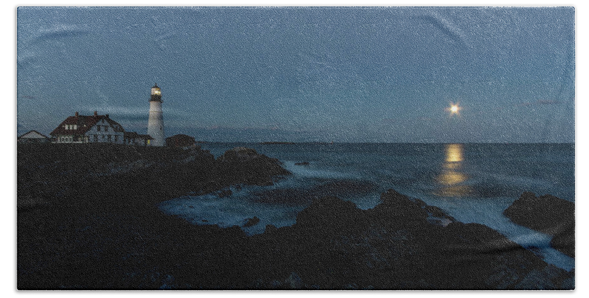 Moon Beach Towel featuring the photograph Moon Rise at Portland Headlight by Darryl Hendricks