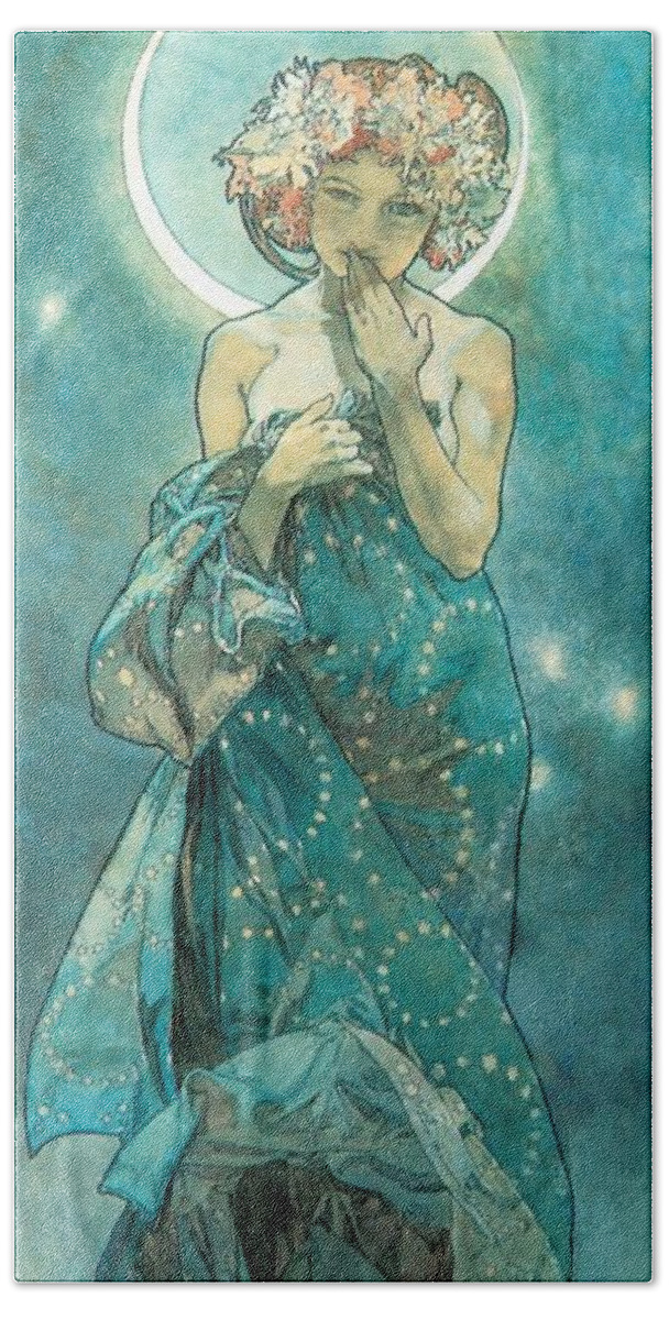 Alphonse Mucha Beach Sheet featuring the painting Moonlight by Alphonse Mucha