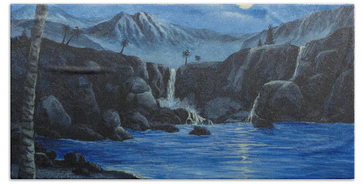 Landscape Beach Towel featuring the painting Moonlight and Waterfalls by Darice Machel McGuire
