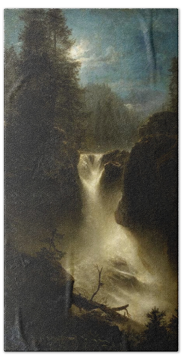 Oswald Achenbach Beach Towel featuring the painting Moonlit Alpine Landscape by Oswald Achenbach