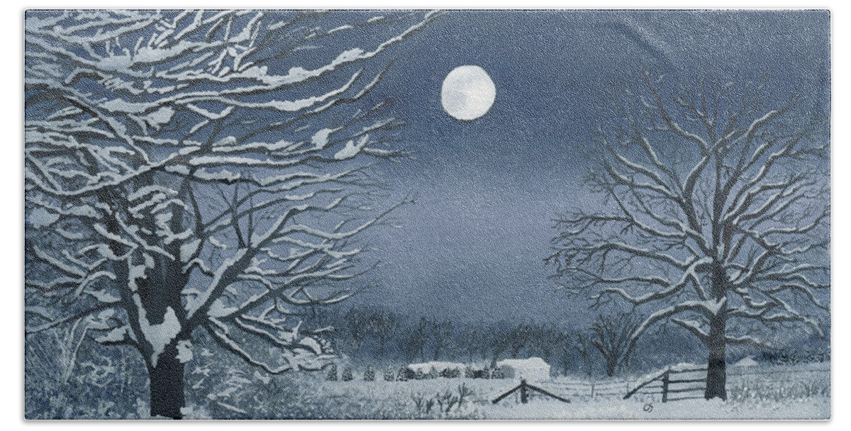Moon Beach Sheet featuring the painting Moonlit Snowy Scene on the Farm by Conni Schaftenaar