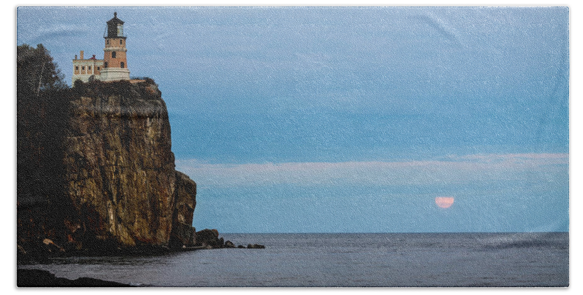 Minnesota Beach Towel featuring the photograph Moonrise into the Clouds at Split Rock by Rikk Flohr