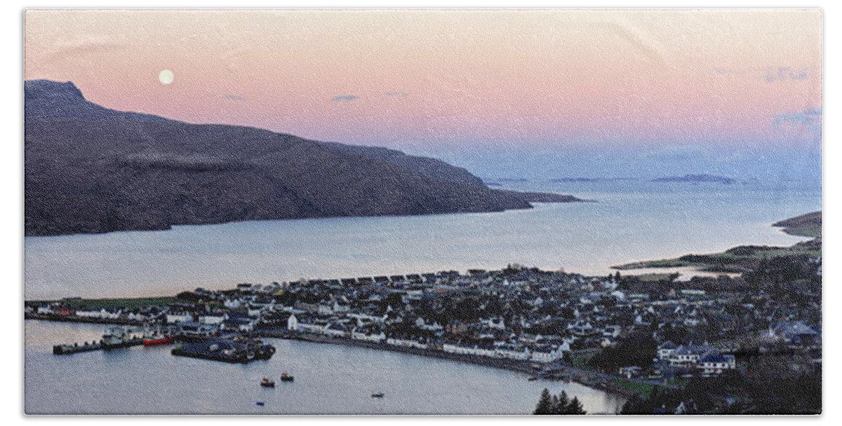 Ullapool Beach Towel featuring the photograph Moonset Sunrise over Ullapool by Grant Glendinning