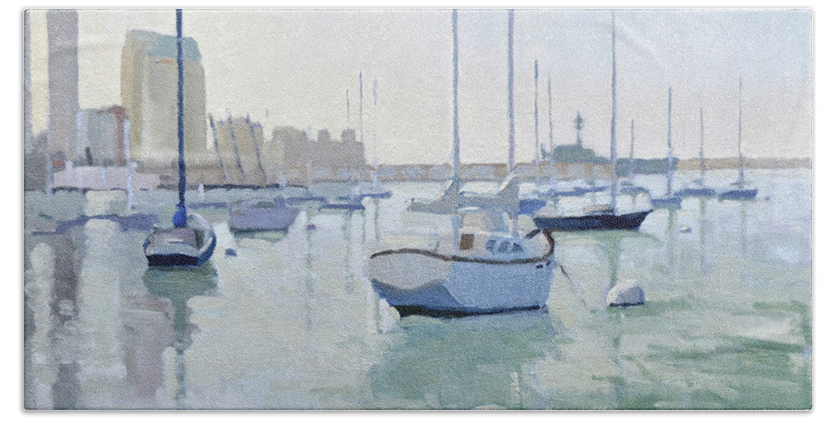 Sailboats Beach Towel featuring the painting Moored Boats on San Diego Harbor by Paul Strahm