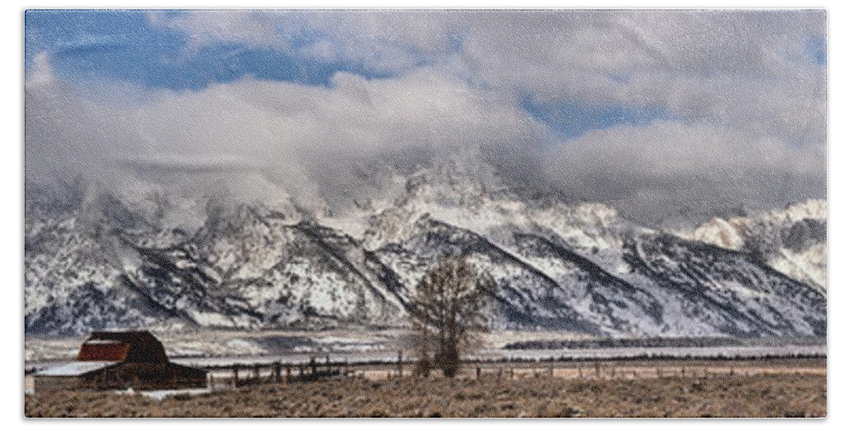 Mormon Row Beach Towel featuring the photograph Mormon Row Snowy Extended Panorama by Adam Jewell