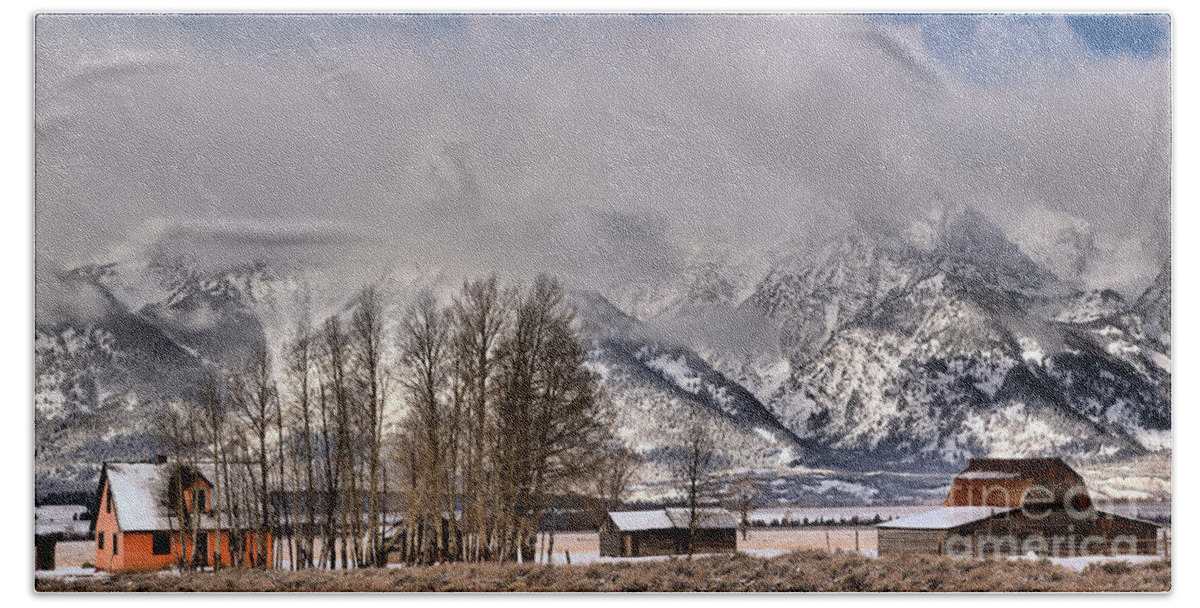 Mormon Row Beach Towel featuring the photograph Mormon Row Winter Morning Panorama by Adam Jewell