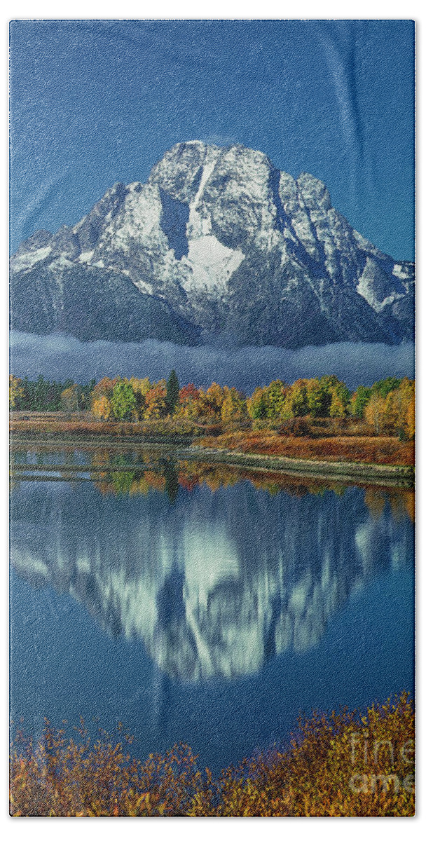 Dave Welling Beach Towel featuring the photograph Morning Cloud Layer Oxbow Bend In Fall Grand Tetons National Park by Dave Welling