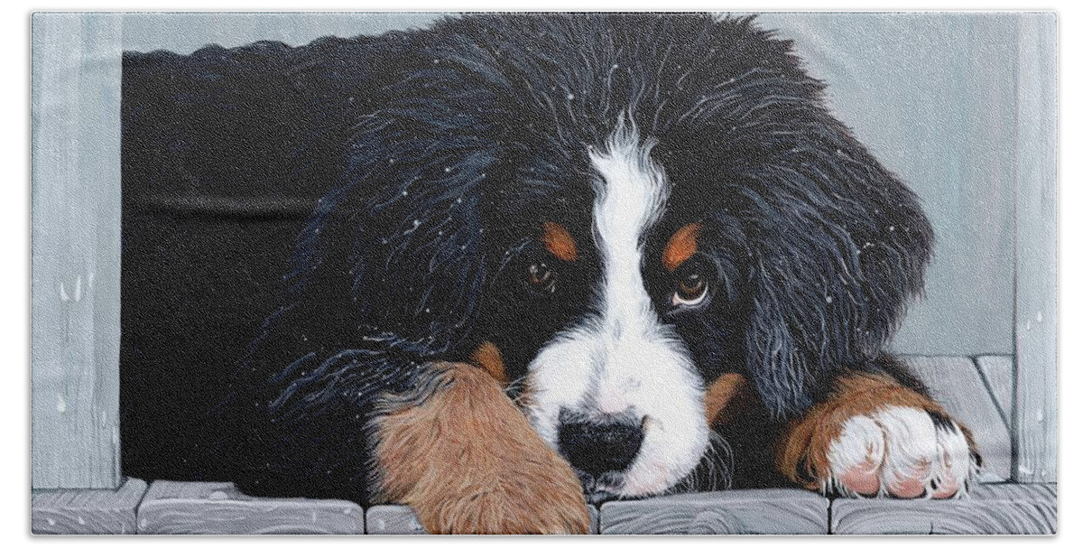 Bernese Mountain Dog Enjoying The Morning Dew On The Deck. Beach Towel featuring the painting Morning Dew - Bernese Mountain Dog by Liane Weyers