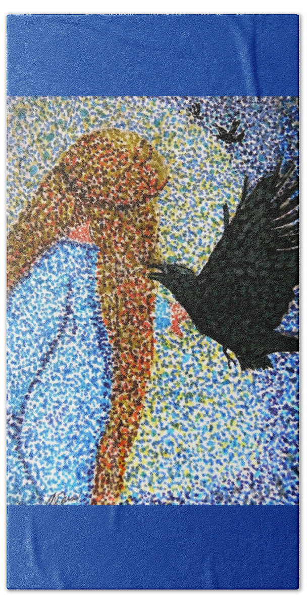 Morrigan Beach Sheet featuring the drawing Morrigan Raven Goddess by Angela Davies