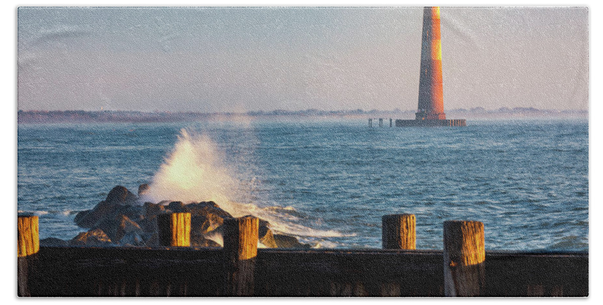 Morris Island Lighthouse Beach Towel featuring the photograph Morris Island Lighthouse Morning Light and Mist by Donnie Whitaker