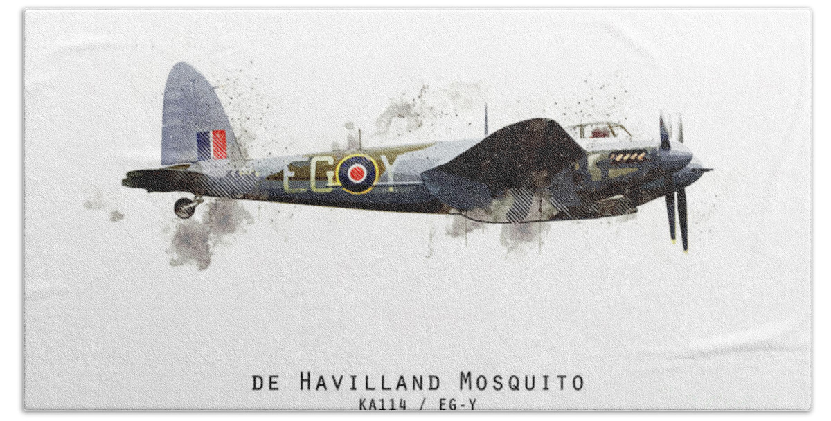 De Havilland Mosquito Beach Towel featuring the digital art Mosquito Sketch - KA114_EGY by Airpower Art