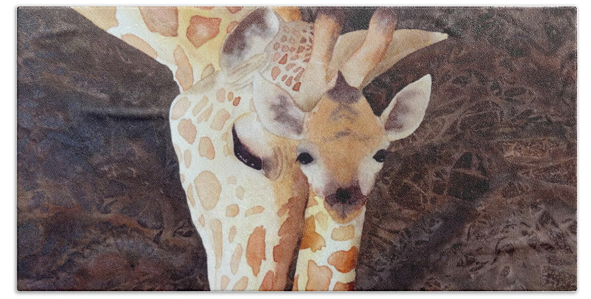 Giraffe Beach Sheet featuring the painting Mother and Child by Laurel Best