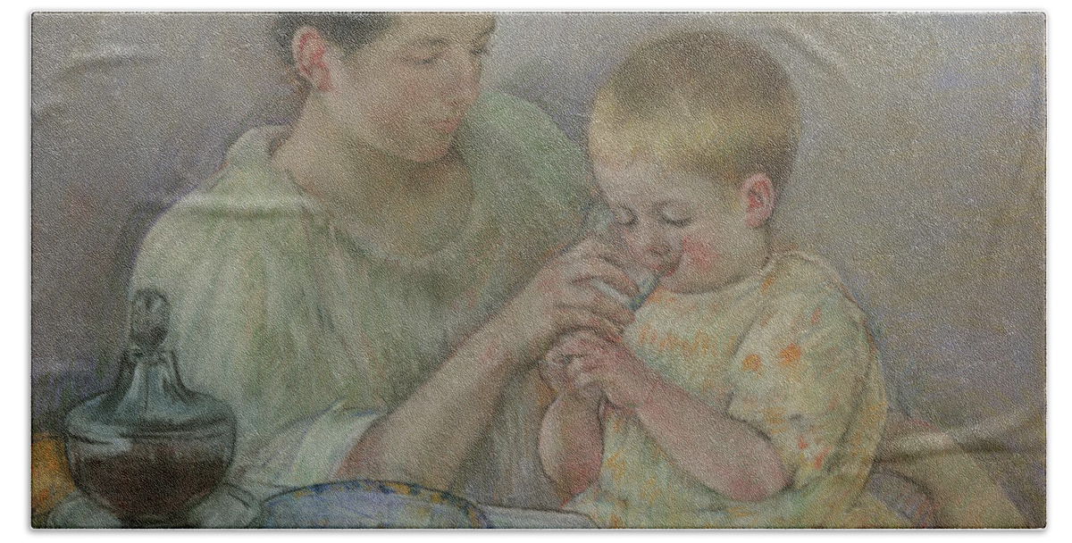 Mother Feeding Child Beach Towel featuring the pastel Mother Feeding Child by Mary Stevenson Cassatt