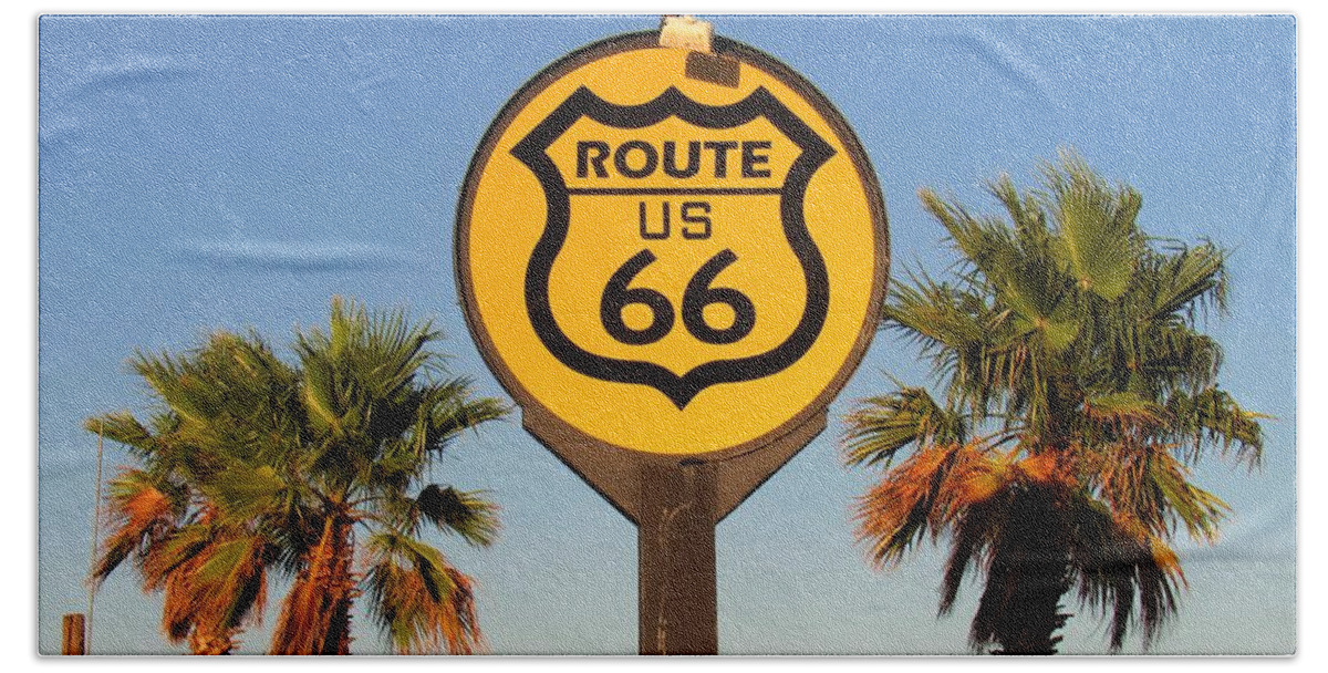 Mother Road Route 66 Sign Mojave California Oldest Us Highways Desert Highway Historical Signs  Beach Sheet featuring the photograph Mother Road by Joshua Bales