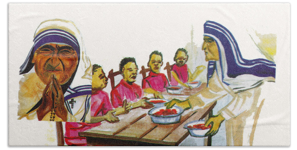 Religion Beach Towel featuring the painting Mother Teresa by Emmanuel Baliyanga
