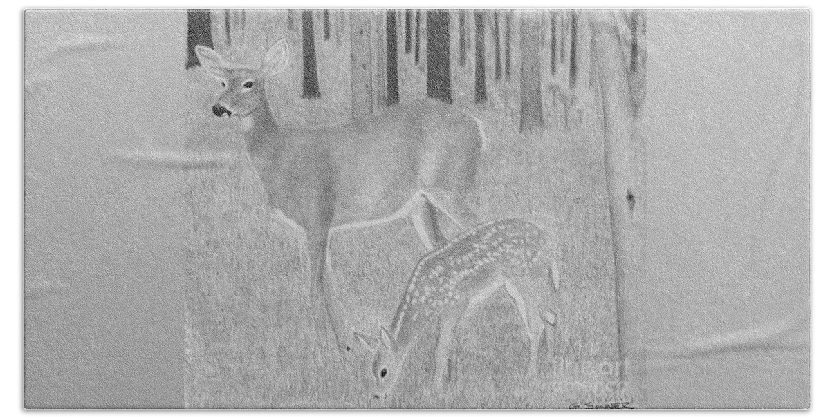 Deer Beach Towel featuring the drawing Mothers watch by George Sonner