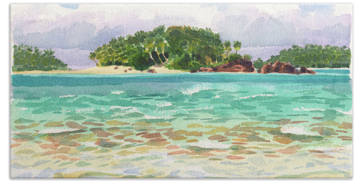 Aitutaki Beach Towel featuring the painting Motu Rakau, Aitutaki by Judith Kunzle