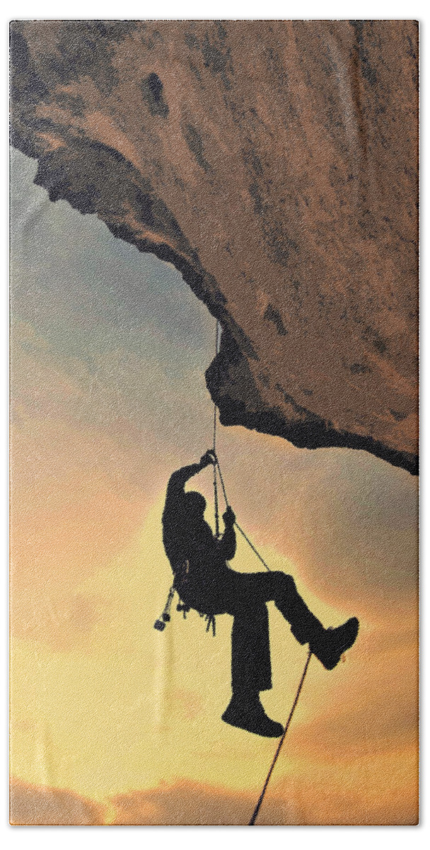 Sports Beach Towel featuring the painting Mountain Climber Hanging by a Thread by Elaine Plesser