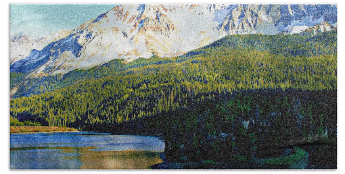 Mountain Lake Beach Towel featuring the digital art Mountain Lake by Annie Gibbons