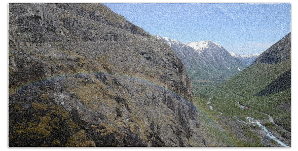 Trollstigen Road Rainbow Water Mountain Pass Snow Rock River Creek Valley Color Colour Beach Towel featuring the photograph Mountain rainbow by Anfisaval 