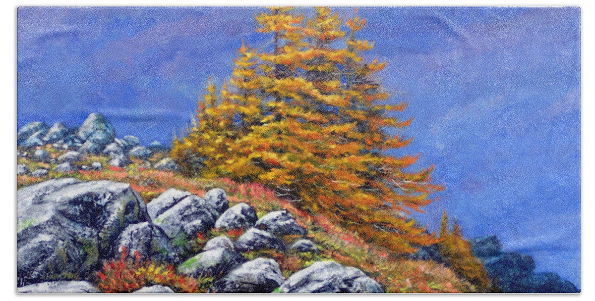 Mountains Beach Towel featuring the painting Mountain Tamaracks by Frank Wilson