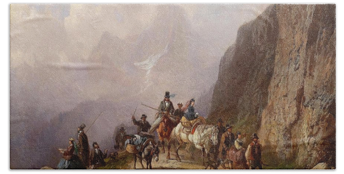 Adolf Schmidt (1827-1888) Elegant Group Of City Folk On A Mountain Tour Beach Towel featuring the painting Mountain Tour by Adolf Schmidt