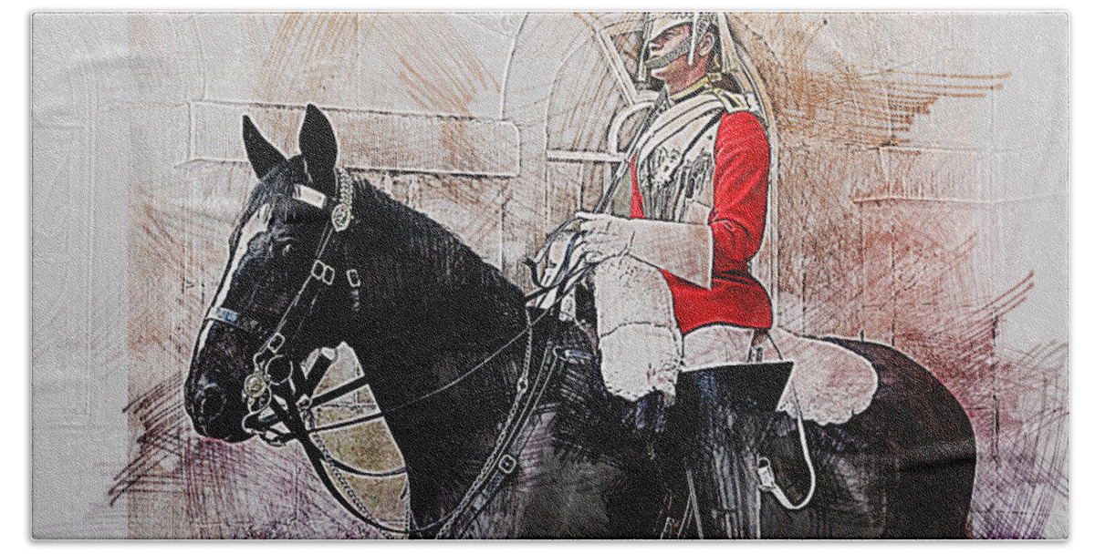 Household Cavalry Beach Towel featuring the digital art Mounted Household Cavalry Soldier On Guard Duty in Whitehall Lon by Anthony Murphy
