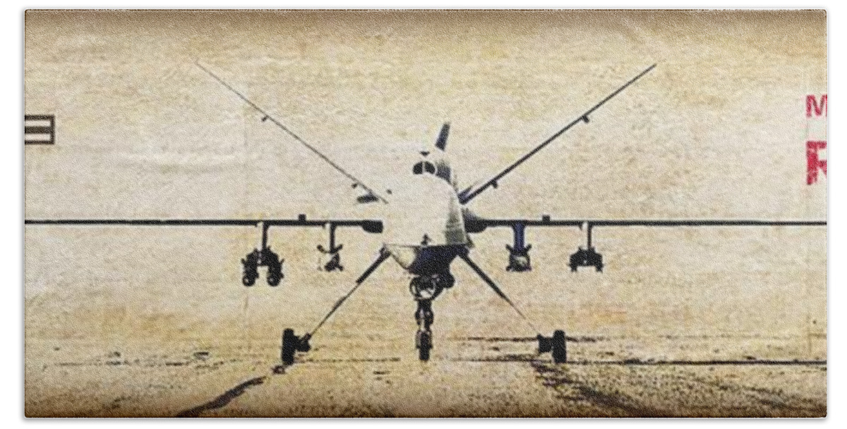 Reaper Drone Beach Sheet featuring the digital art mq9 reaper drone USA by John Wills