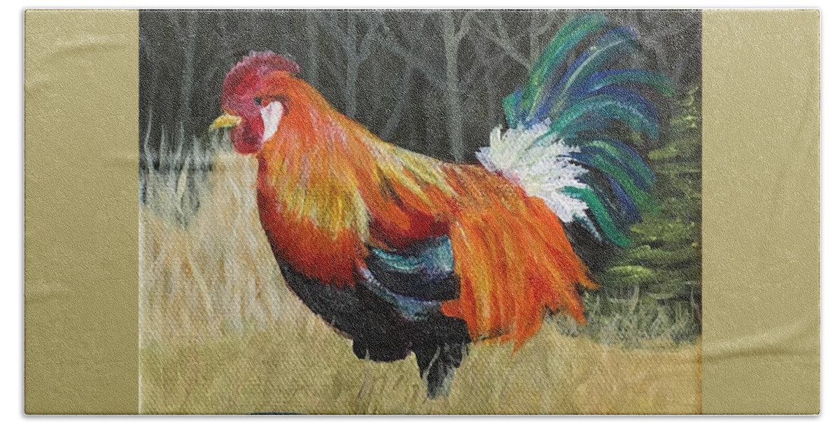 Rooster Beach Towel featuring the painting Mr. Rainbow by Lynda Evans