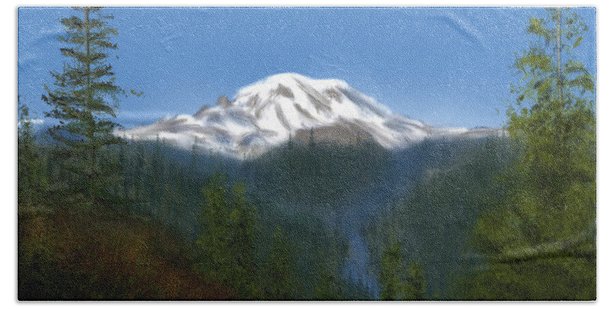 Mountain Beach Sheet featuring the painting Mt Rainier by Becky Herrera