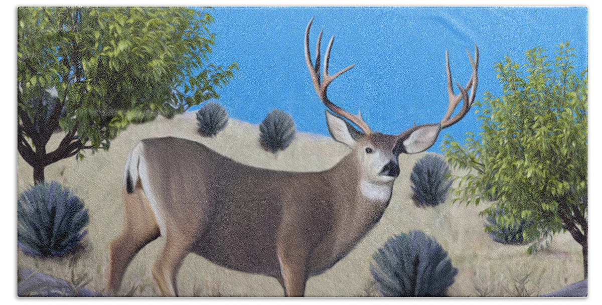 Mule Deer Beach Towel featuring the digital art Mule Deer Trophy Buck by Walter Colvin