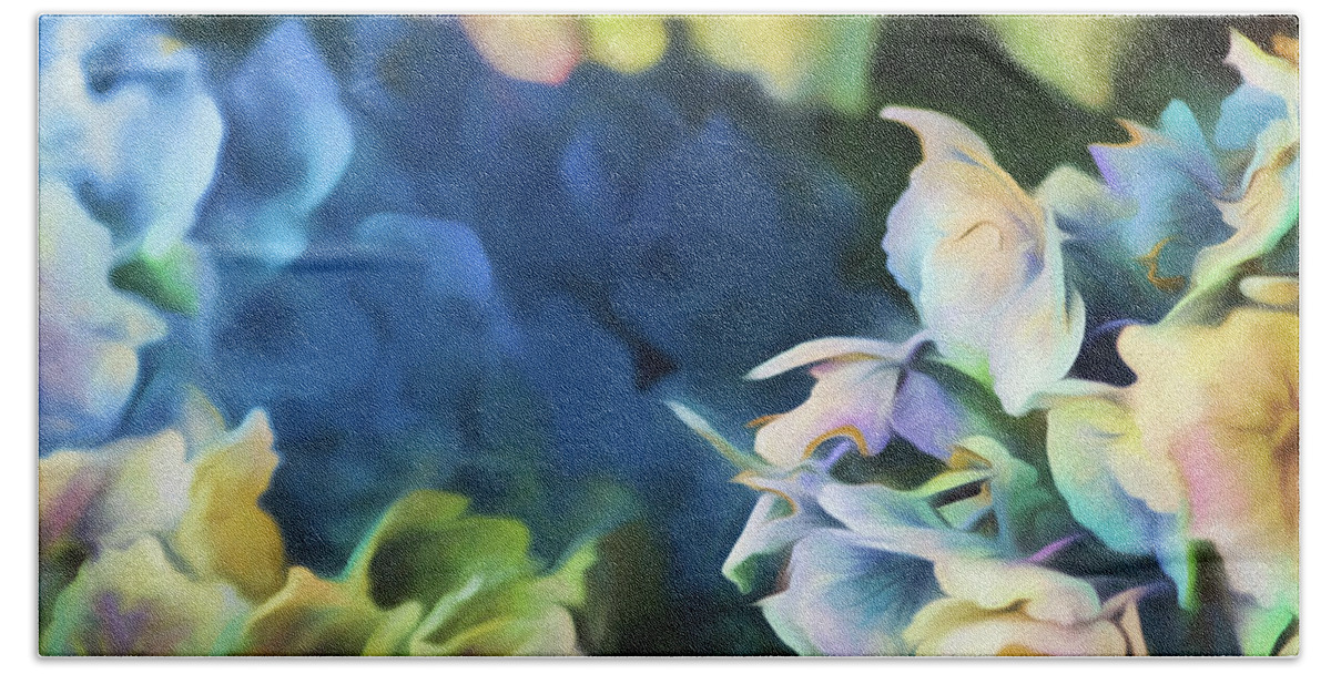 Painterly Beach Sheet featuring the painting Multicolor Hydrangeas by Bonnie Bruno