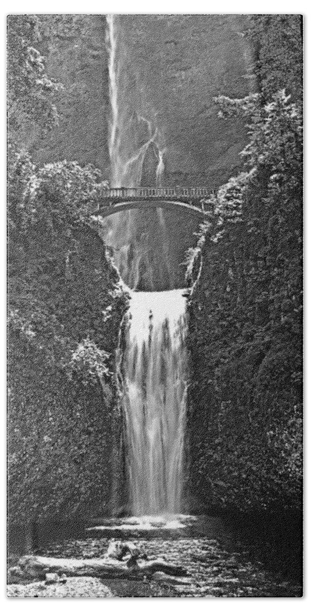 Black And White Beach Towel featuring the photograph Multnomah Falls Oregon black and white by Rich Walter