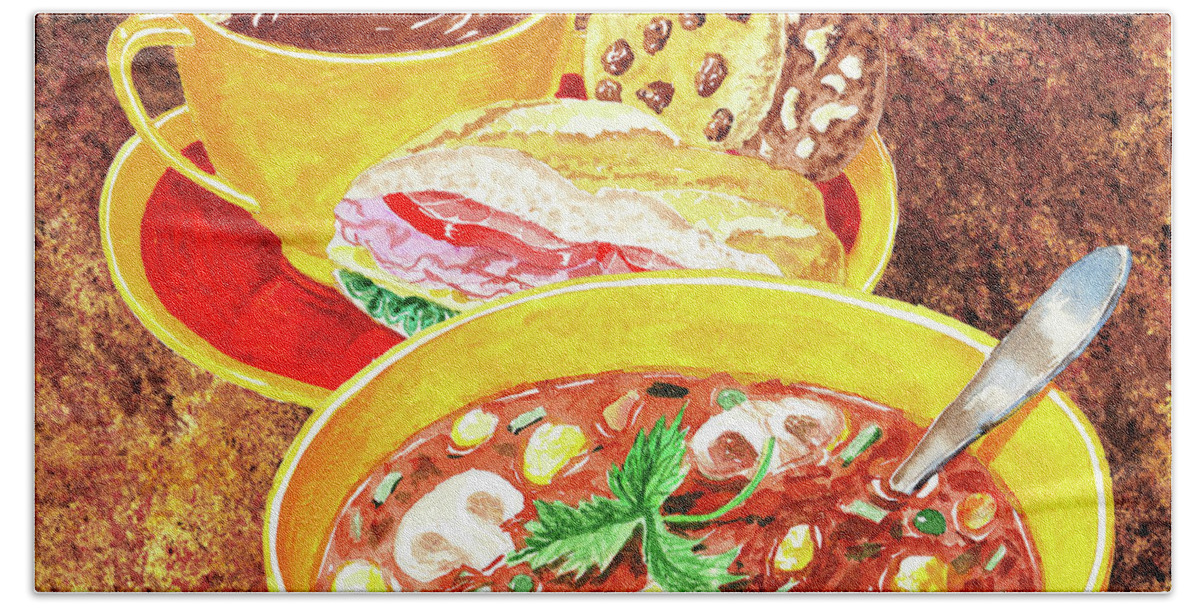 Soup Beach Towel featuring the painting Mushroom Soup Sandwich And Coffee by Irina Sztukowski