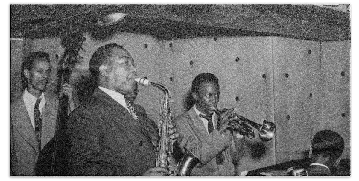 Charlie Parker Beach Towel featuring the photograph Music's Golden Era - Charlie Parker And Miles Davis 1947 by Mountain Dreams
