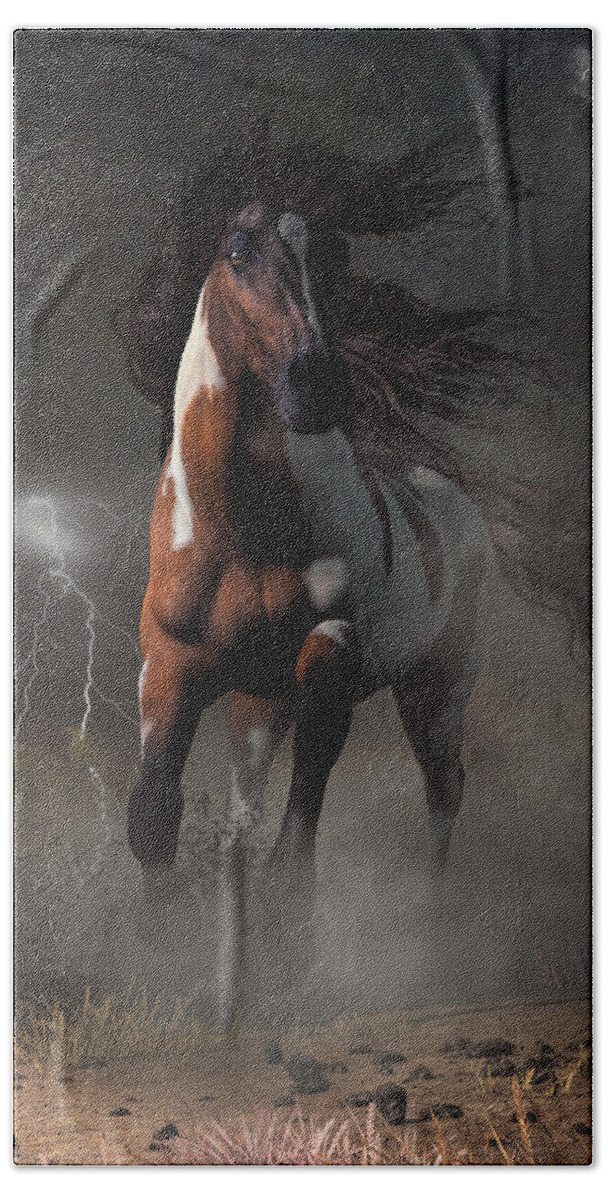 Horse Beach Towel featuring the digital art Mustang Horse in a Storm by Daniel Eskridge