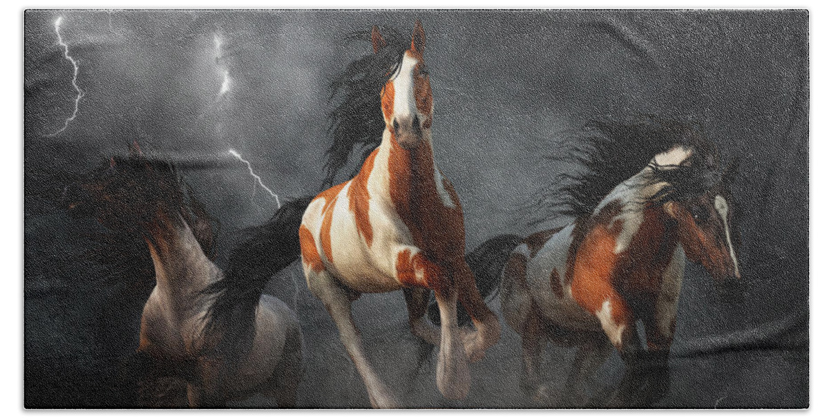 Mustangs Of The Storm Beach Sheet featuring the digital art Mustangs of the Storm by Daniel Eskridge