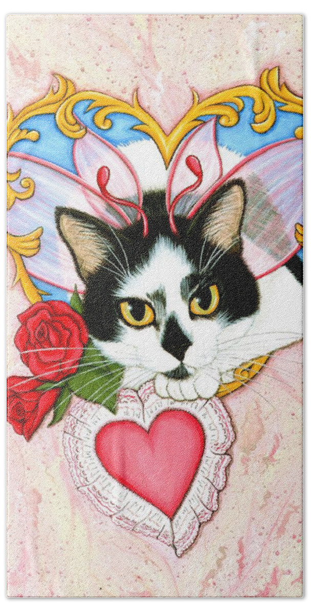 Tuxedo Cat Beach Sheet featuring the painting My Feline Valentine Tuxedo Cat by Carrie Hawks