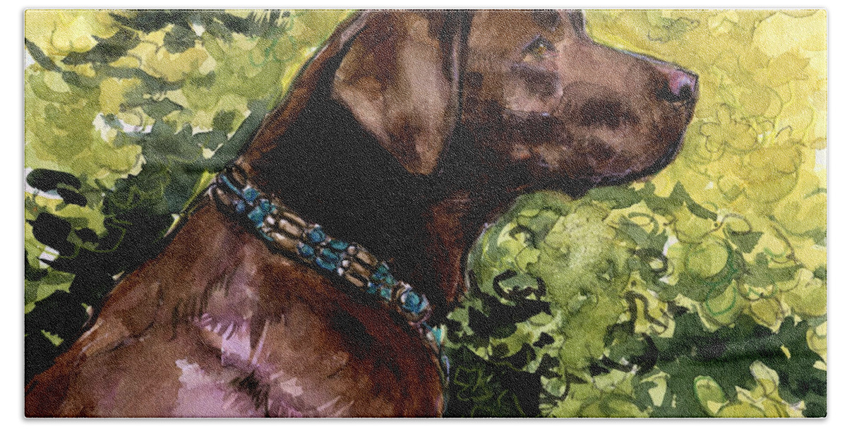 Chocolate Labrador Retriever Beach Sheet featuring the painting My Lucky Charm by Molly Poole