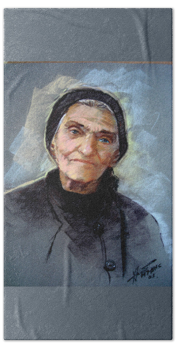 Portrait Beach Towel featuring the pastel My Mother by Ylli Haruni