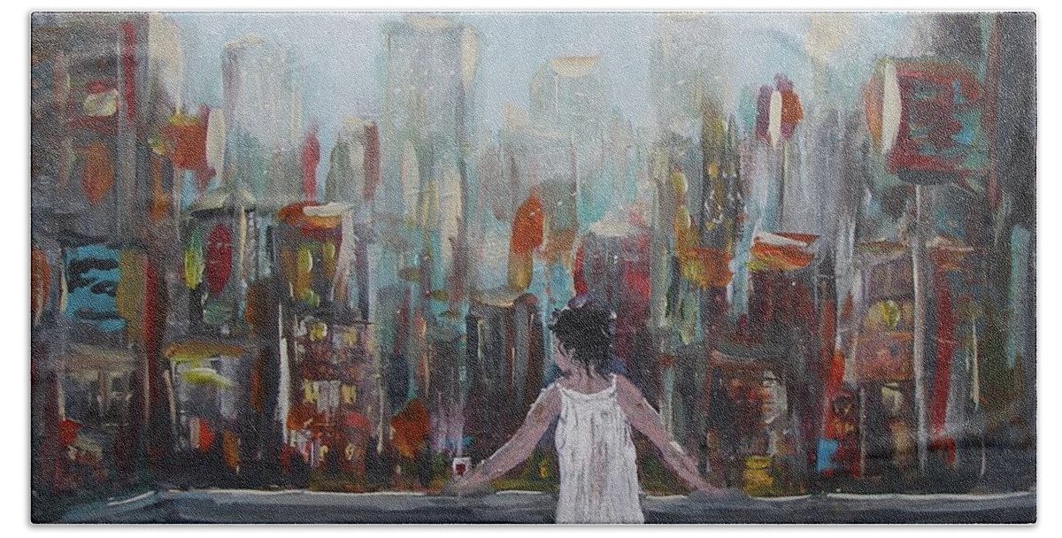 My View Balcony City Buildings Street Town Woman Look Nightdress White Lights Traffic Glass Of Red Wine Landscape Urban Acrylic On Canvas Print Painting Colors New York Manhattan Beach Sheet featuring the painting My View by Miroslaw Chelchowski