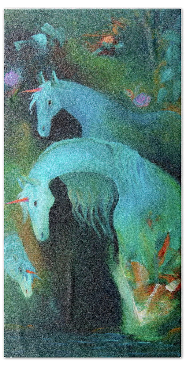 Unicorn Beach Towel featuring the painting Mystical Waters by Nataya Crow