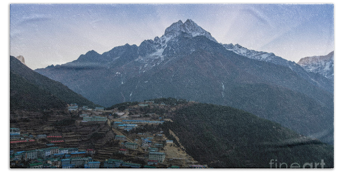 Everest Beach Towel featuring the photograph Namche and Thamserku Peak Morning Sunrays by Mike Reid