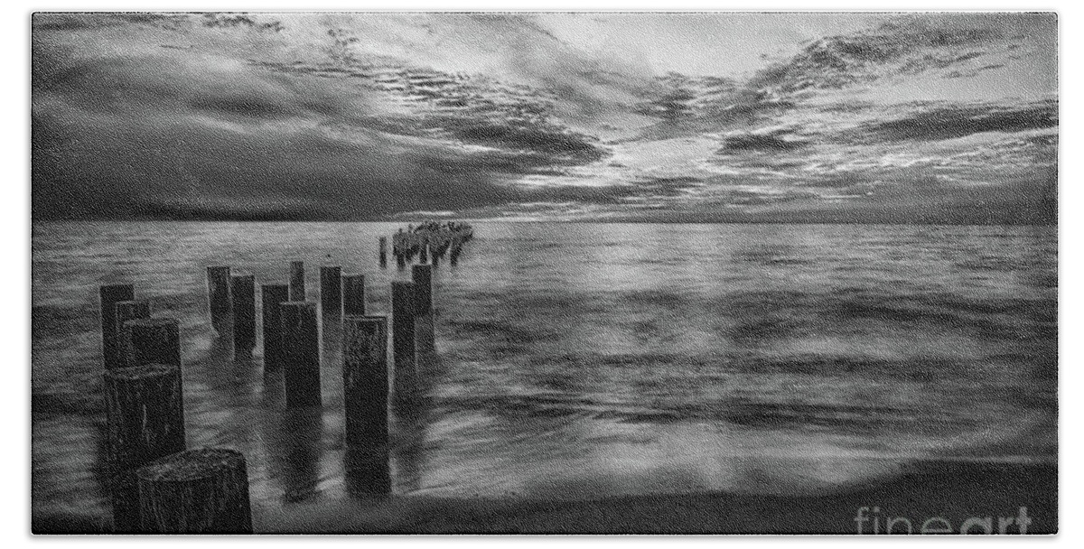 Old Naples Pier Beach Towel featuring the photograph Naples sunset in Black and White by Paul Quinn